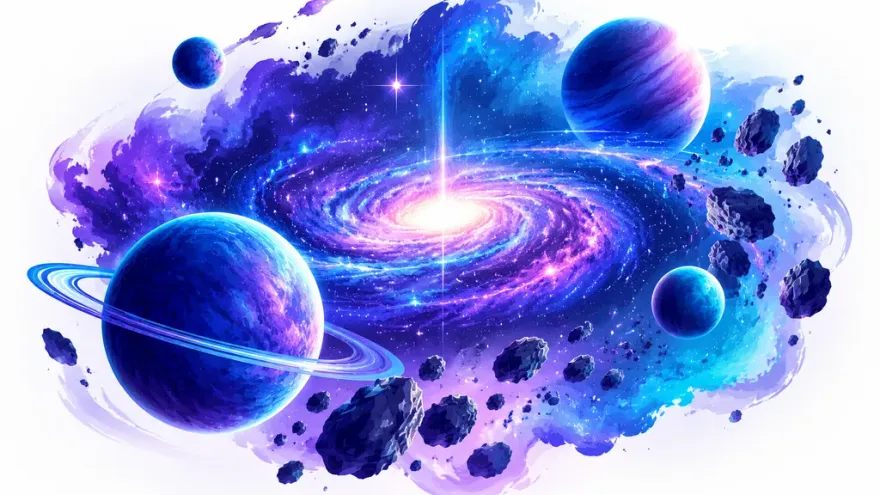 Stylized deep-space scene with a spiral galaxy, ringed planets and an asteroid field