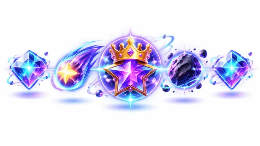Galaxy-themed slot machine symbols including a wild, scatter, gem and asteroid icon