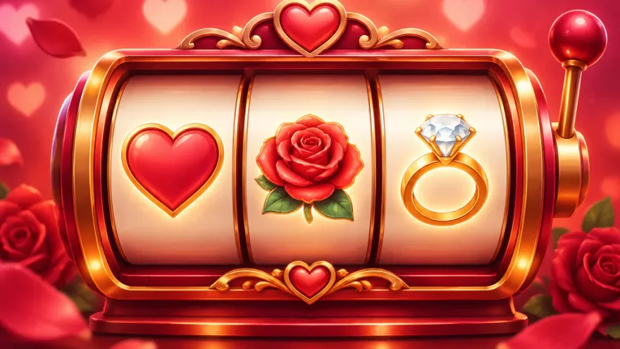 Heart rose and ring symbols glowing on a slot reel
