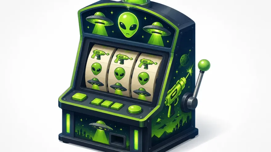 Isometric arcade-style alien-invasion slot machine with UFO and ray-gun motifs