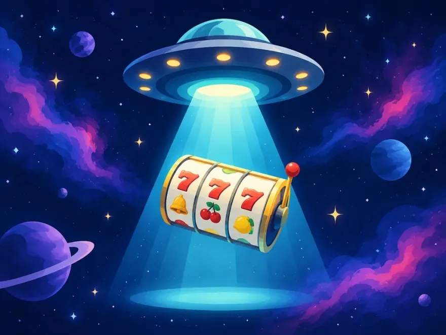 Isometric UFO beaming light onto a slot reel floating among stars