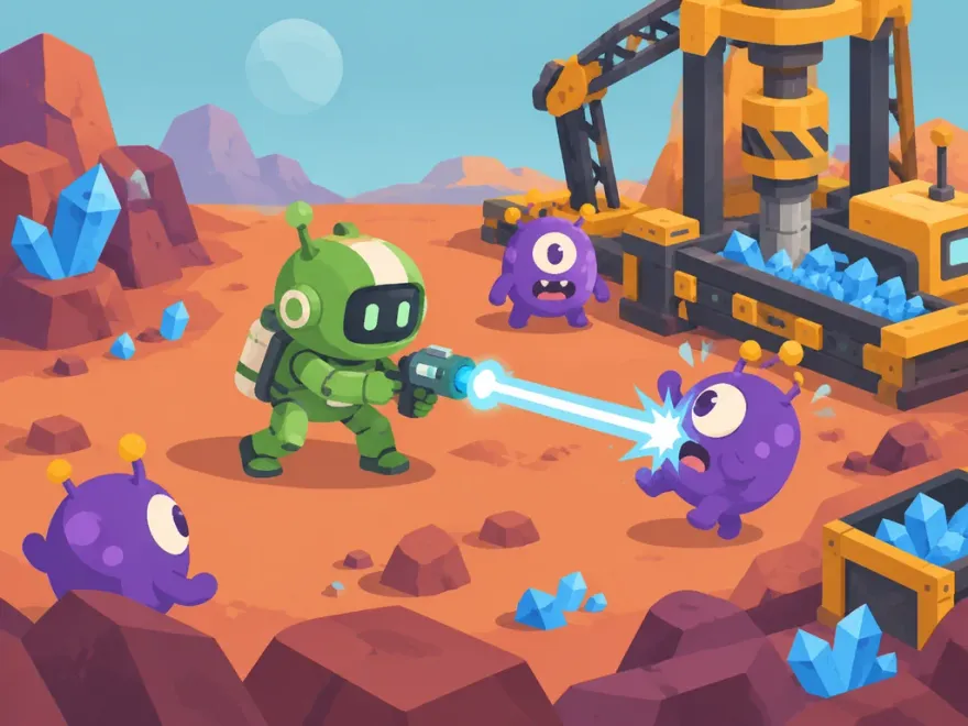 Isometric marine robot shooting a ray gun at alien creatures near a mining rig