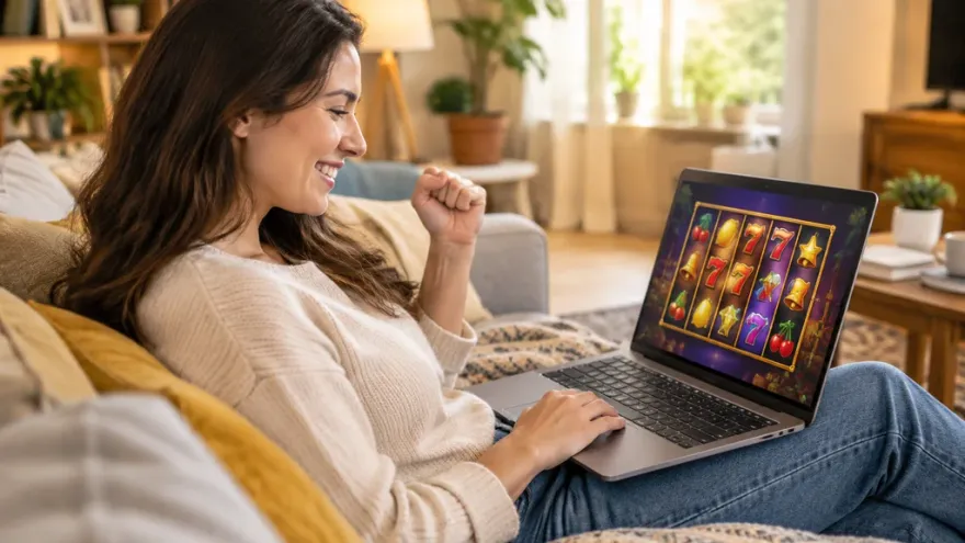 Woman enjoying free spins slots game relaxed at home on laptop