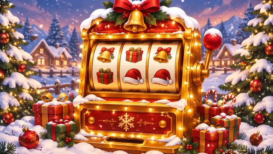 Golden Christmas slot machine with bells and gift boxes in a snowy scene