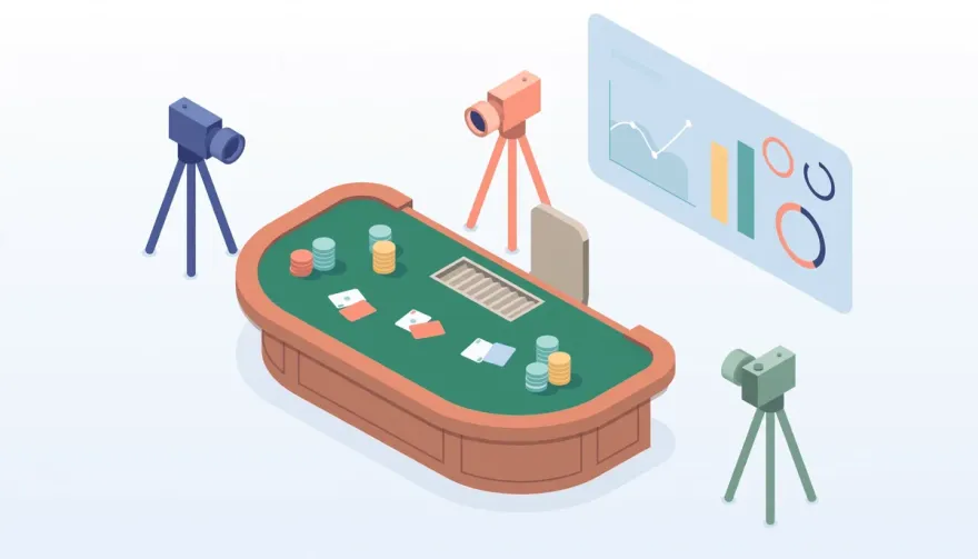 Isometric illustration of a live dealer game with multiple camera angles