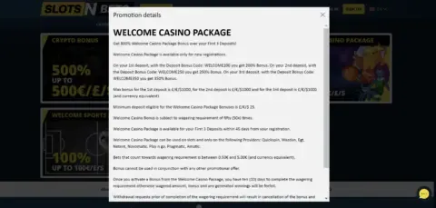 Slotsnbets Casino Welcome Bonus Package