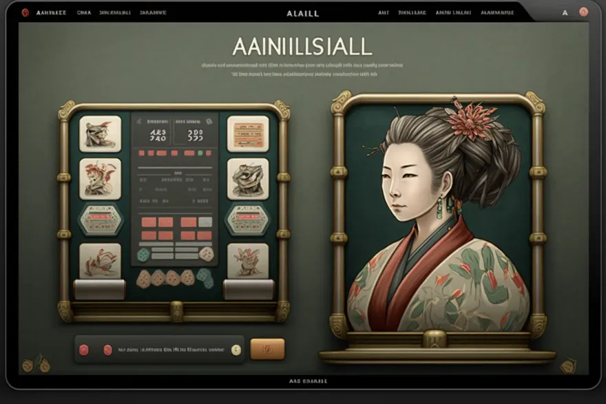 Japanese-inspired slot game interface mockup with a traditional geisha illustration