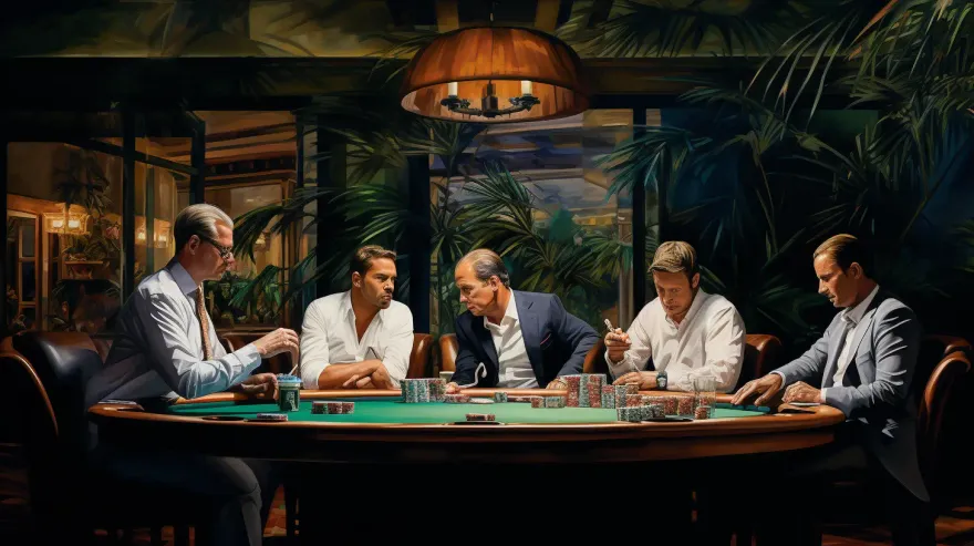Illustration of five high rollers around a poker table