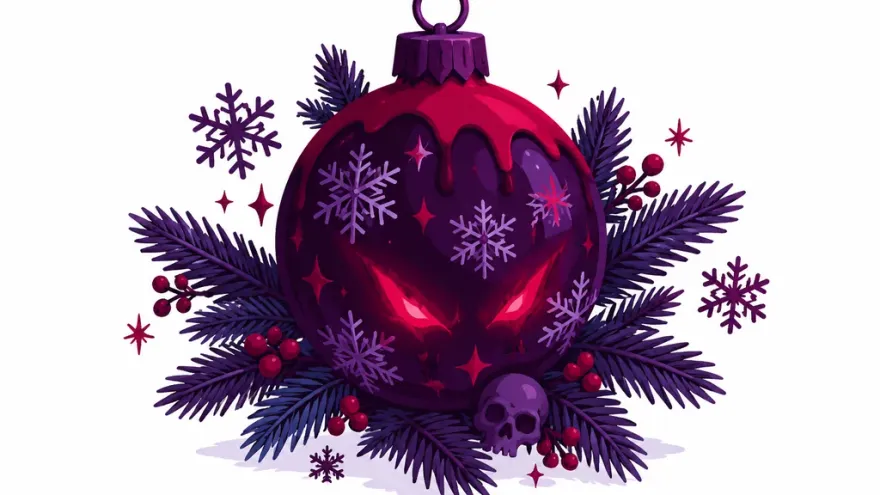 Eerie Christmas ornament with dark purple glow, holiday horror theme