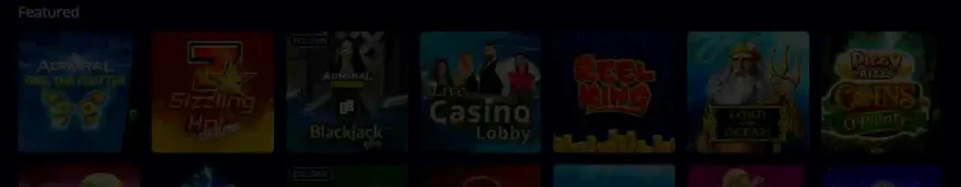Admiral Casino featured games row: Feel the Flutter, Sizzling Hot Deluxe, Blackjack, Live Casino Lobby, Reel King, Lord of the Ocean and Piggy Riches