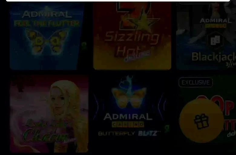 Admiral Casino mobile game grid showing Feel the Flutter, Sizzling Hot Deluxe, Blackjack Live, Lady Luck Charm and Butterfly Blitz