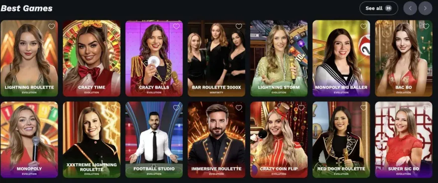 Live casino lobby screenshot showing Lightning Roulette and Crazy Time tiles