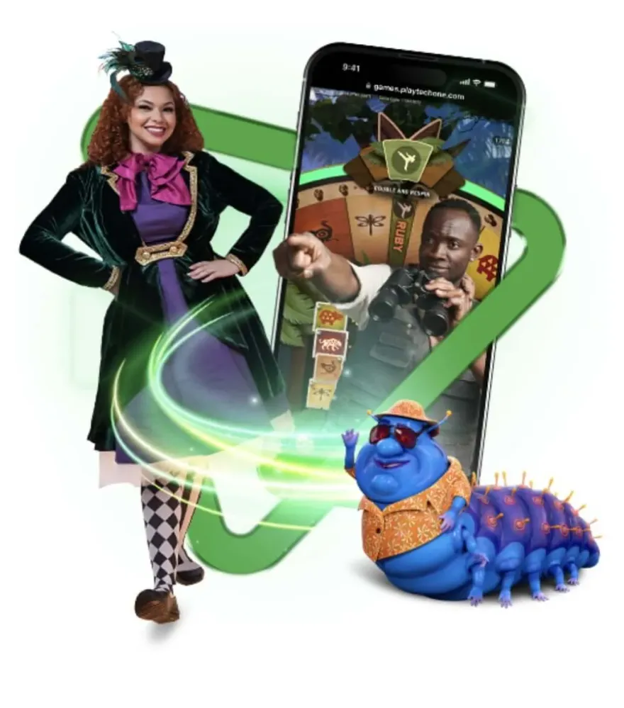 Playtech promotional artwork for a costumed host and mobile game show
