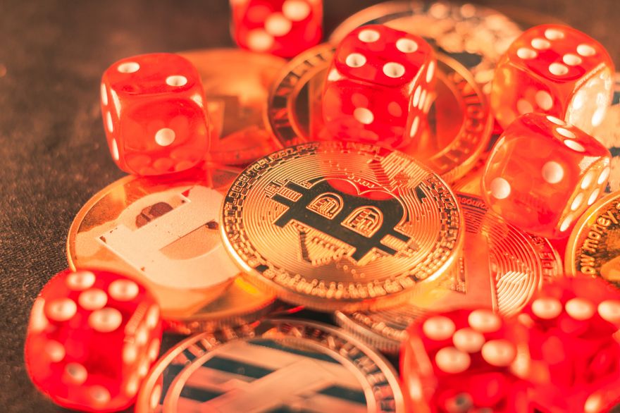 Closeup Shot Some Bitcoins Red Dice