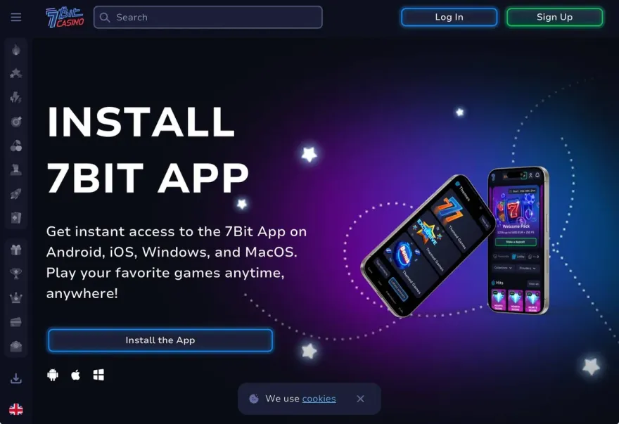 7Bit Casino's mobile app install screen for Android, iOS, and desktop