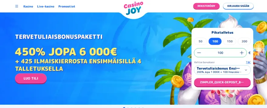 Casino Joy welcome bonus banner showing the 450% match up to 6,000 euro plus 425 free spins