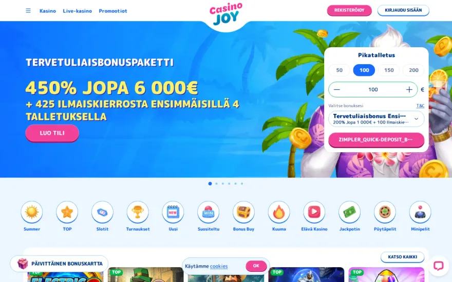 Casino Joy homepage lobby showing the welcome bonus banner and quick-deposit widget