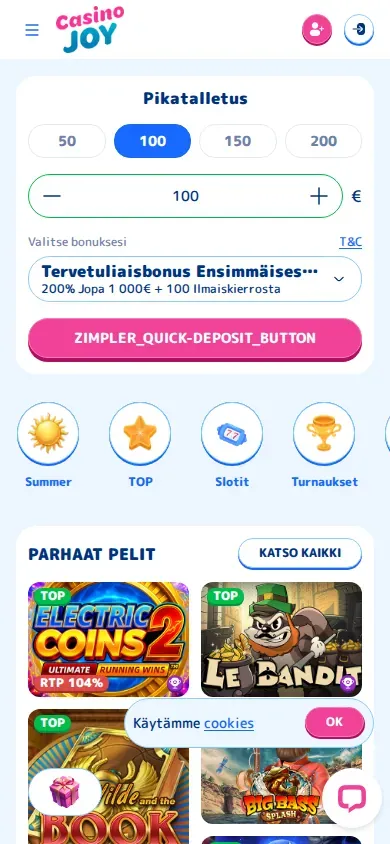 Casino Joy mobile site showing the quick-deposit widget and top game tiles