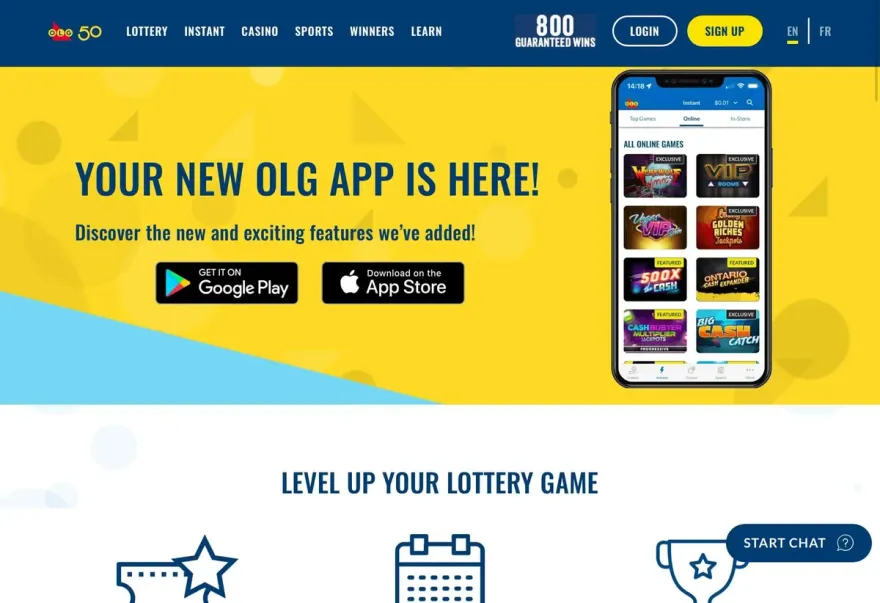 Screenshot of OLG's mobile app, Ontario's regulated lottery and casino platform