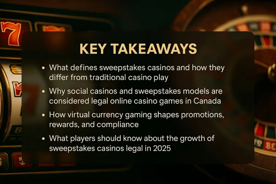 Infographic listing key takeaways about legal sweepstakes casinos for Canadian players