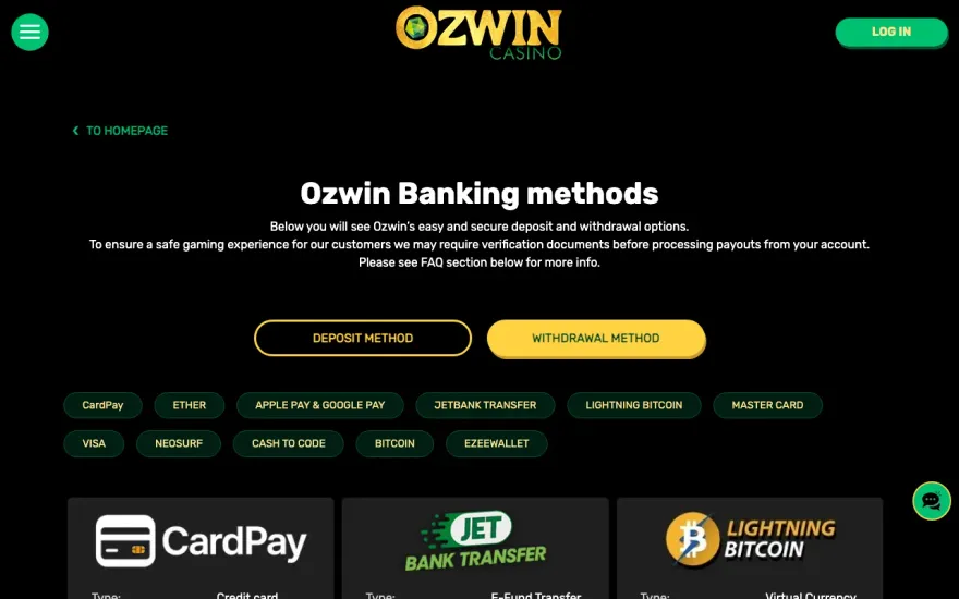 Ozwin Casino cashier showing PayID withdrawal option - Australia