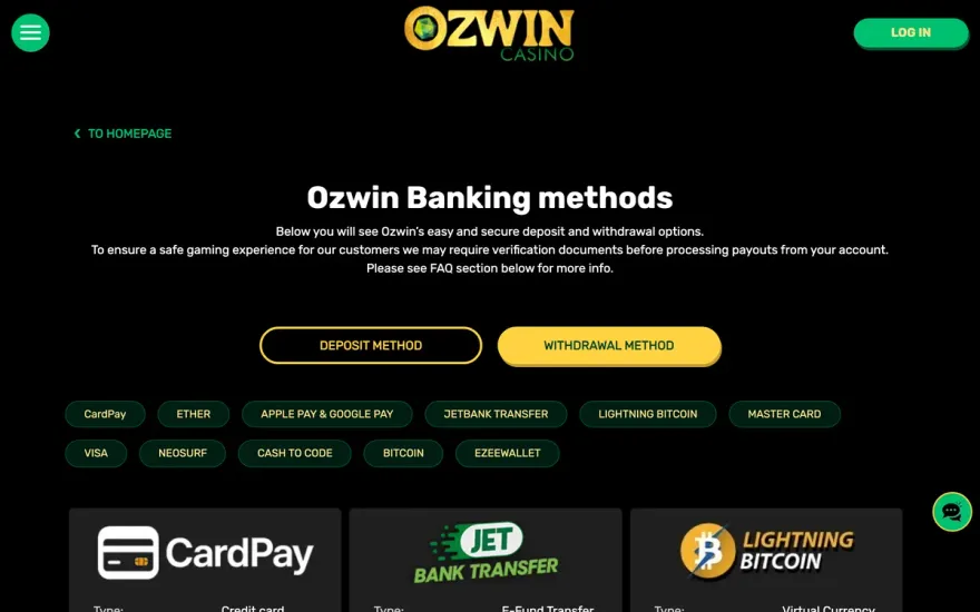 Ozwin Casino banking page listing deposit and withdrawal methods