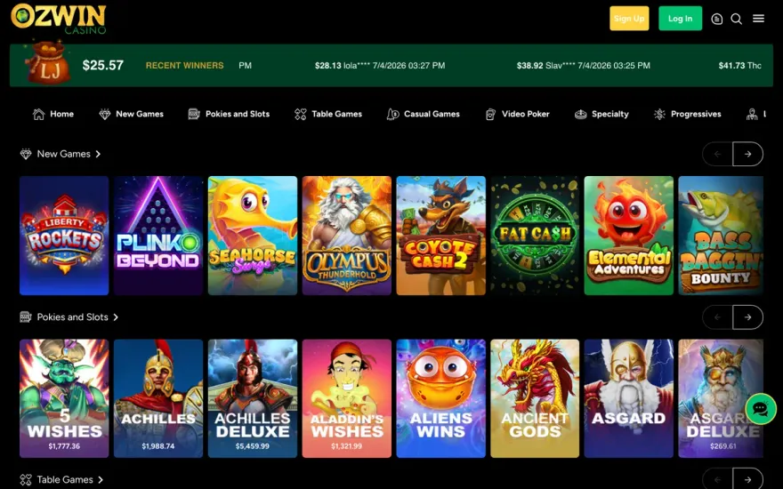 Ozwin Casino games lobby showing game categories and popular titles