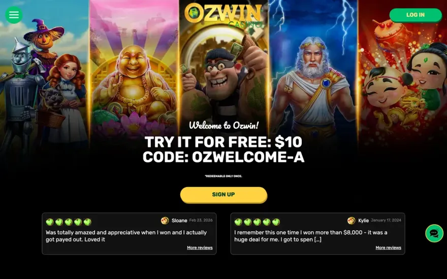 Ozwin Casino lobby with the welcome offer banner and featured slots