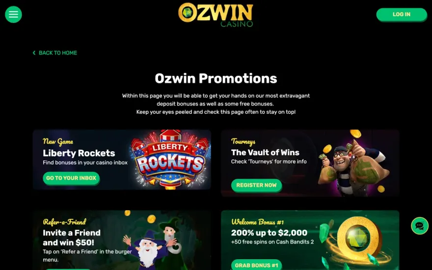 Ozwin Casino promotions page with the two-part welcome bonus