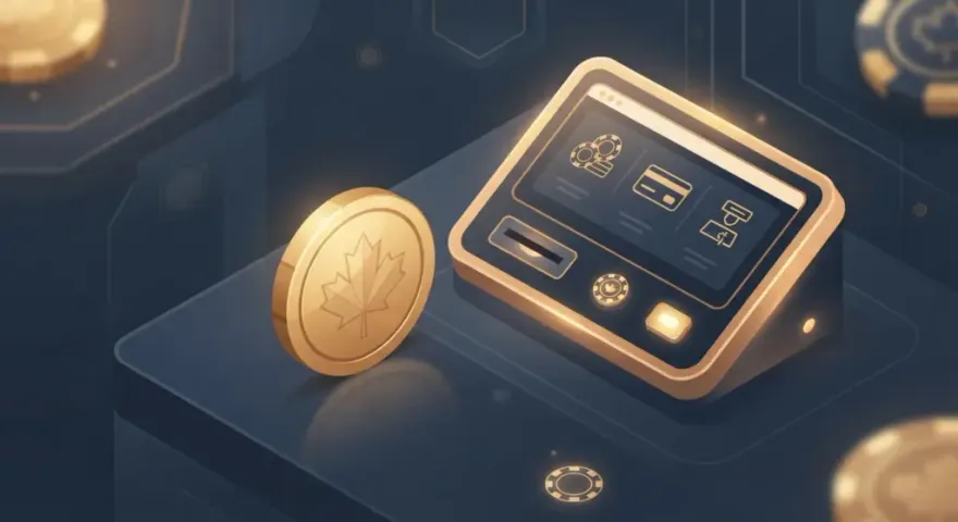 Minimum deposit casino concept with golden coin and digital cashier for Canadian players
