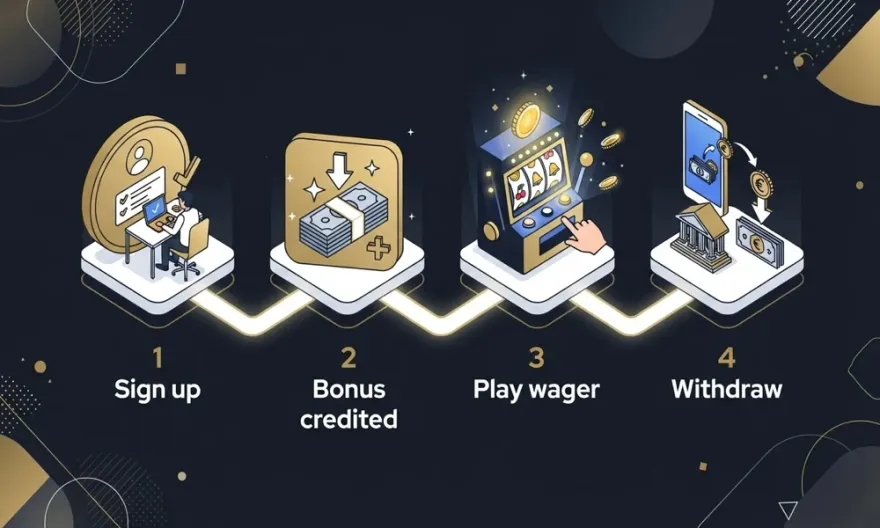 Four steps to claim a no-deposit casino bonus: sign up, bonus credited, play and wager, withdraw