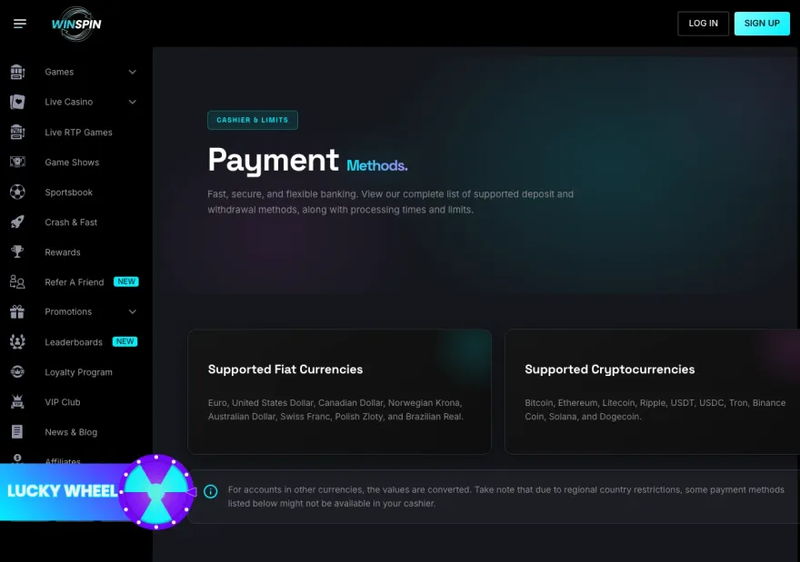 WinSpin Casino payment methods and withdrawal limits table