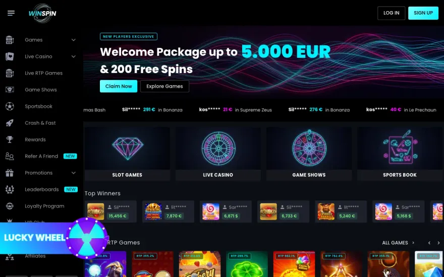 WinSpin Casino homepage welcome bonus banner