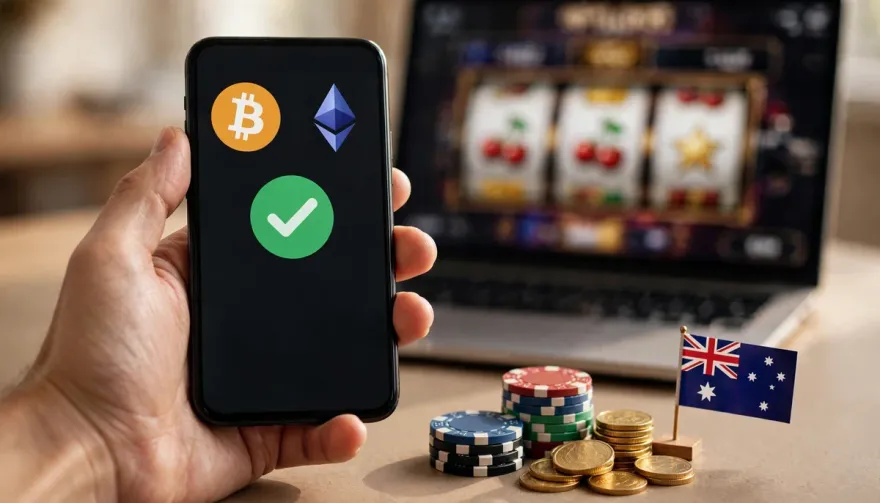 Hand holding phone with crypto wallet app, slot game, and Australian flag
