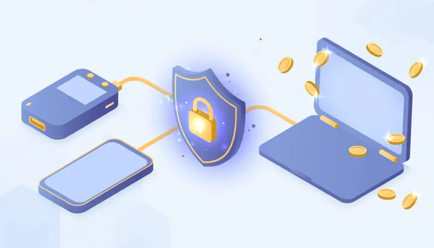 Hardware wallet and phone linked through a padlock shield to a laptop with coins