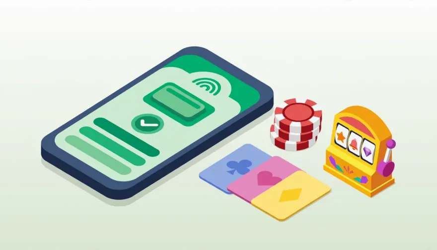 Smartphone with a payment app beside casino chips and cards
