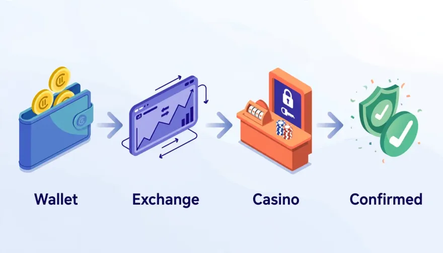 Isometric illustration of cryptocurrency deposit flow steps: wallet, exchange, casino cashier, and confirmed