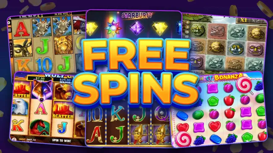 Collage of six popular slot games that commonly trigger free spins bonus rounds
