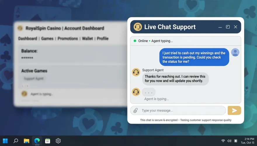 Live chat response time test on a casino support widget