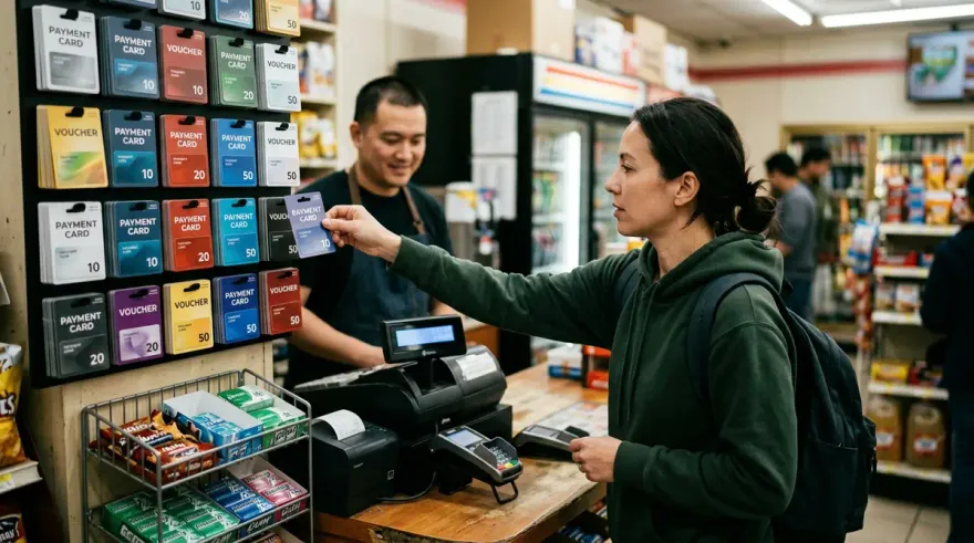 Customer buying prepaid payment card at convenience store checkout counter