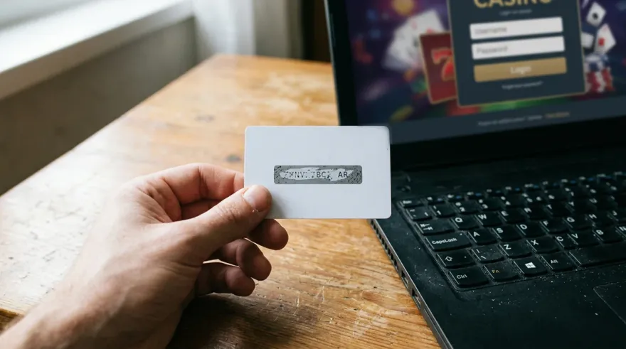 Prepaid payment voucher card held near laptop with online casino login displayed