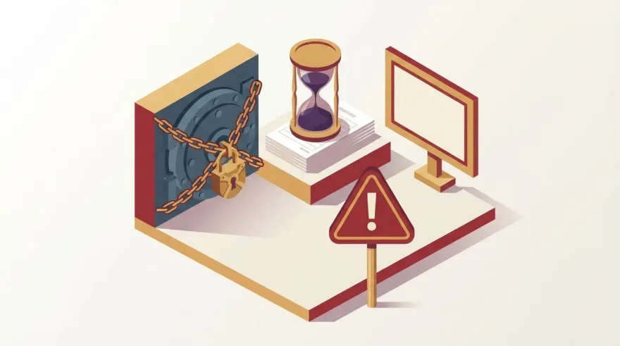 Isometric illustration of online casino red flags: locked vault, hourglass on a withdrawal and a missing licence badge