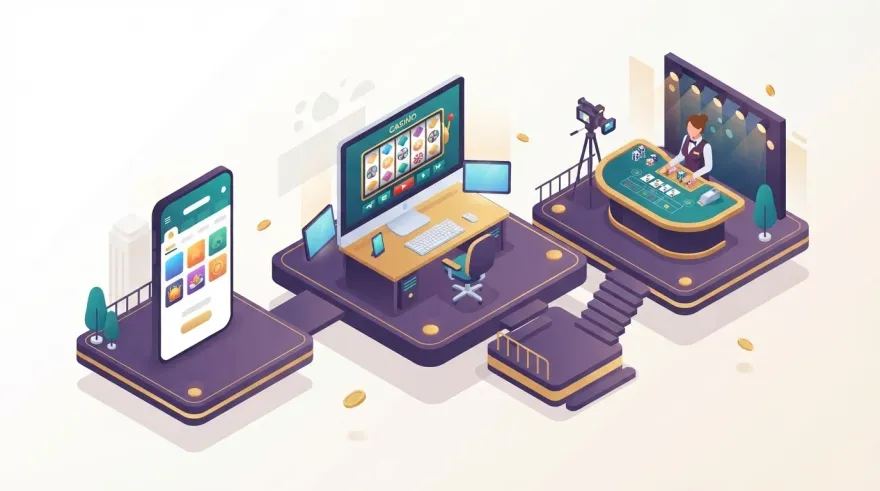 Types of online casino shown as an isometric scene: desktop slots lobby, live dealer studio and a mobile casino app