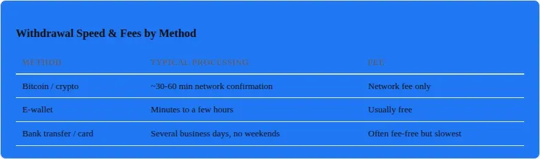 Comparison infographic: Bitcoin, e-wallet and bank transfer withdrawal speed and fees at online casinos