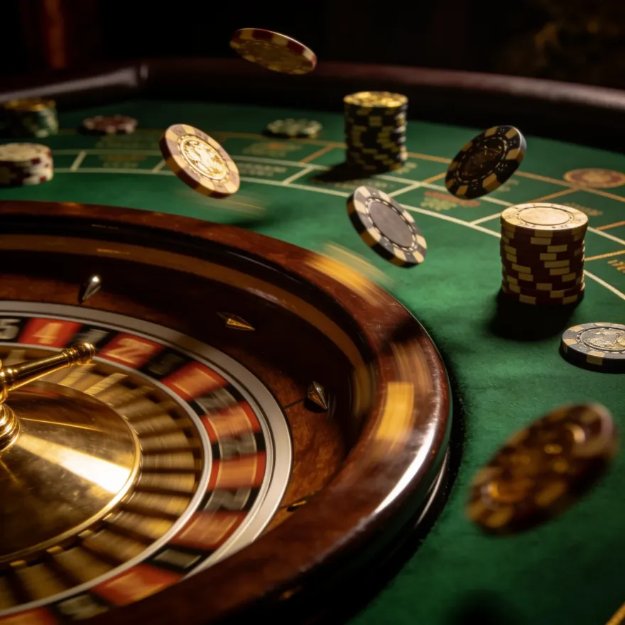 Roulette wheel mid-spin beside a scattered pile of casino chips on green felt