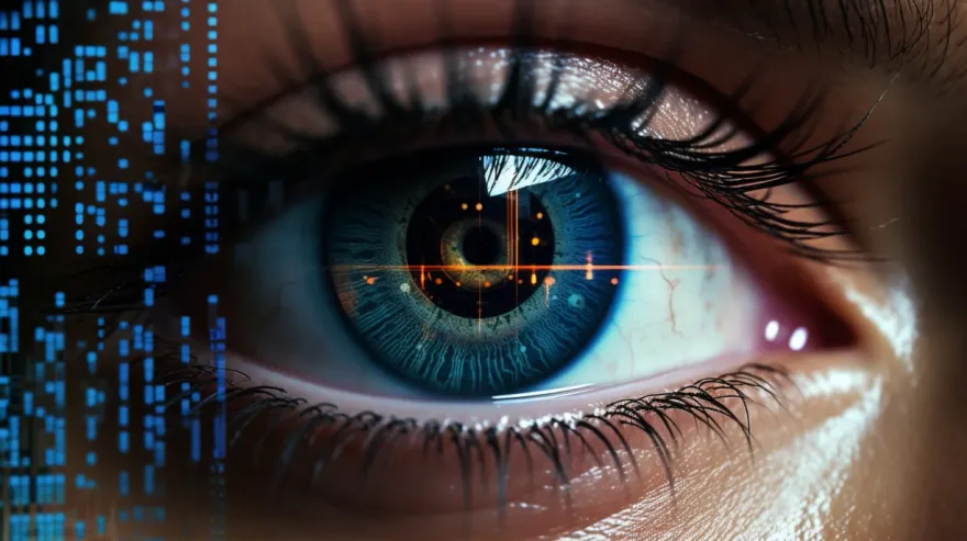 Close-up of an eye overlaid with digital data and a targeting reticle