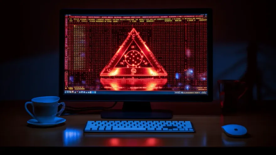 Computer monitor displaying a glowing red triangular fraud-detection dashboard at a desk