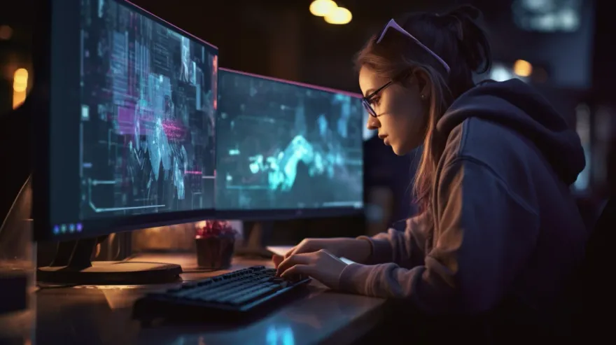 Woman working at dual monitors showing AI-assisted game development visuals