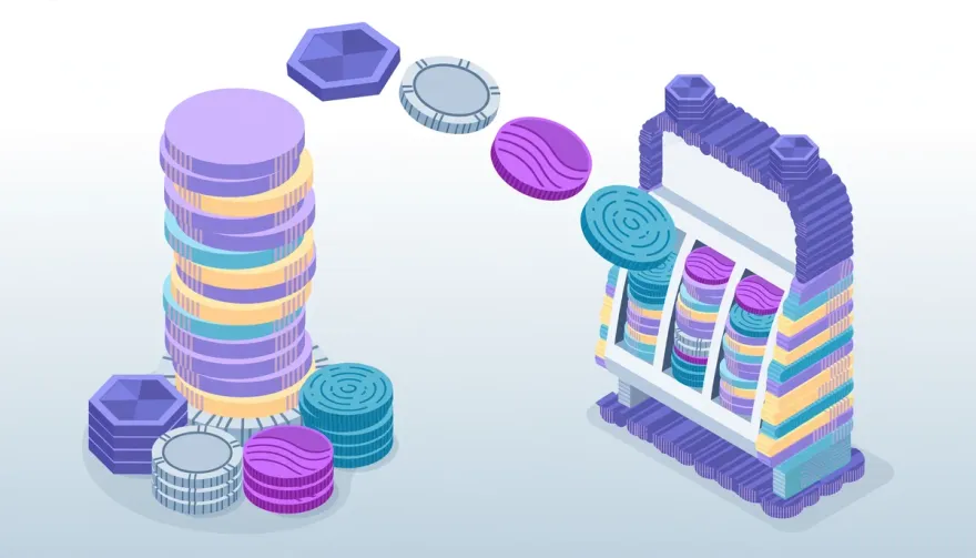 isometric altcoin casino illustration with cryptocurrency coins stacking into slot machine and chip tower