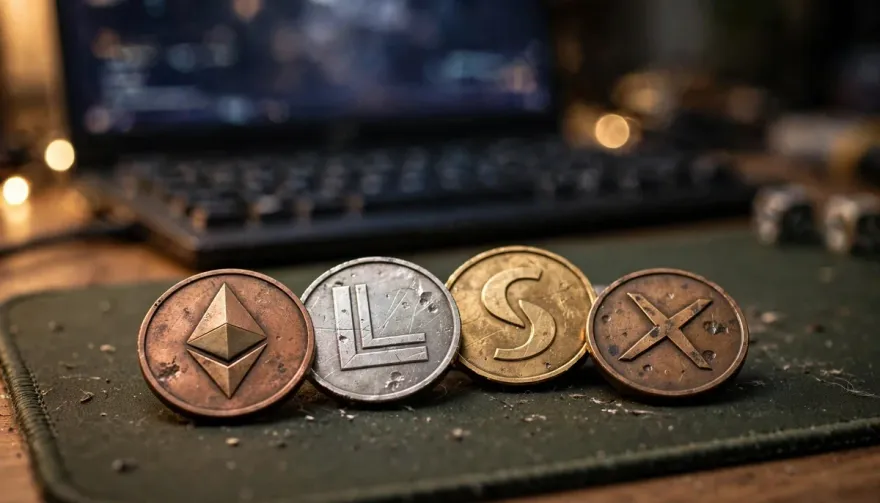 multiple altcoin casino tokens displayed on gaming surface representing diverse cryptocurrency payment options